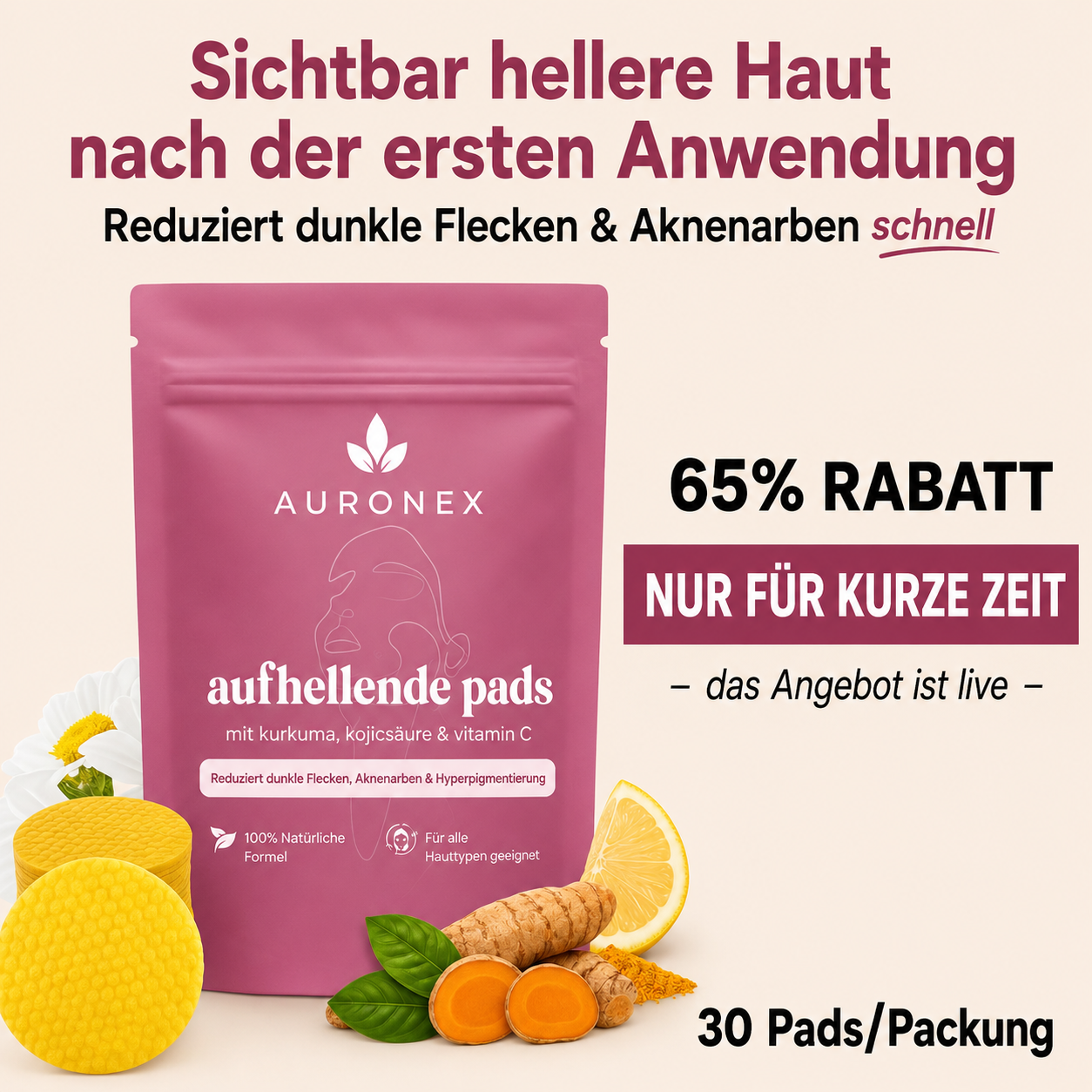 Aufhellende Kurkuma- und Kojisäure-Pads