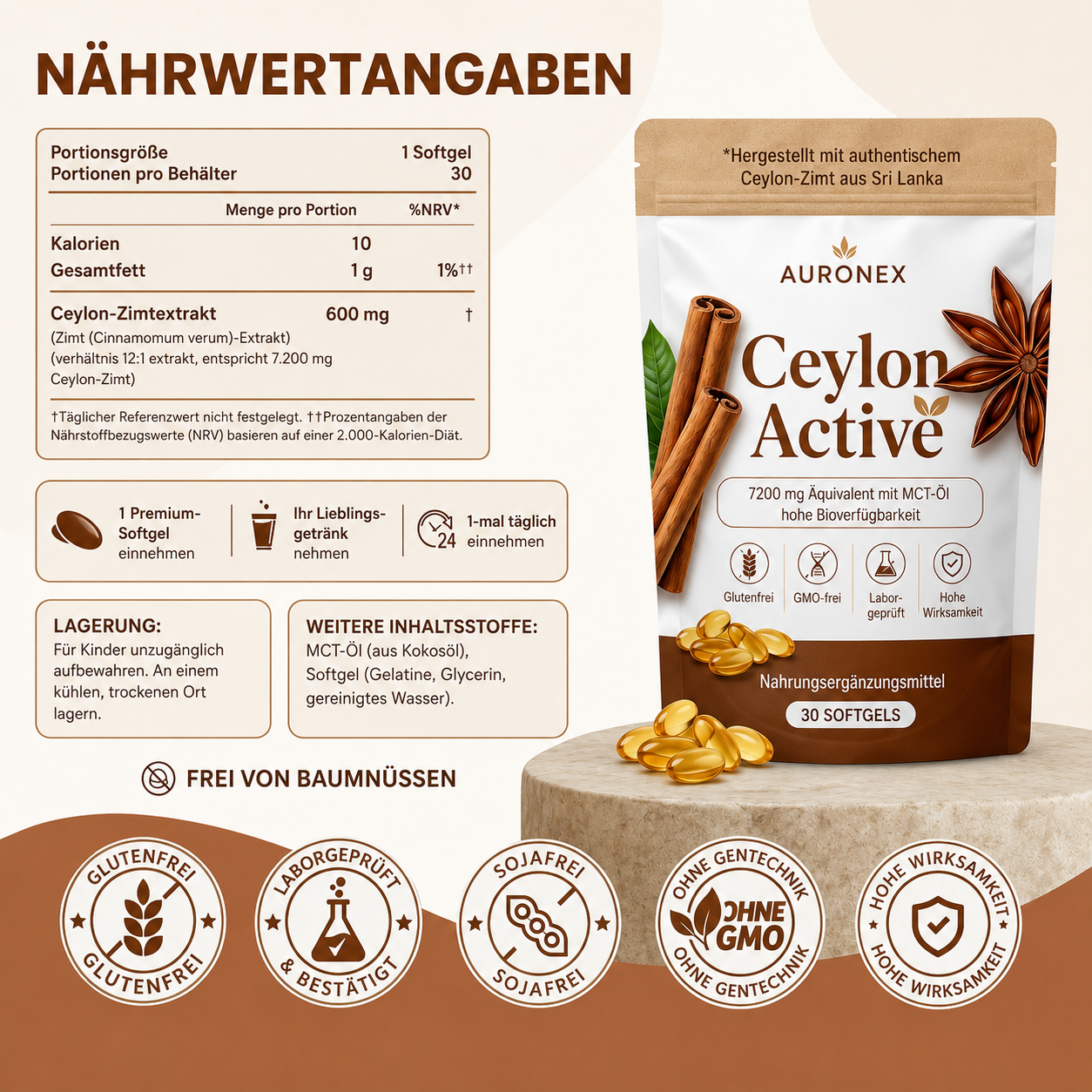 Auronex® Ceylon Active – 7200 mg Äquivalent mit MCT-Öl