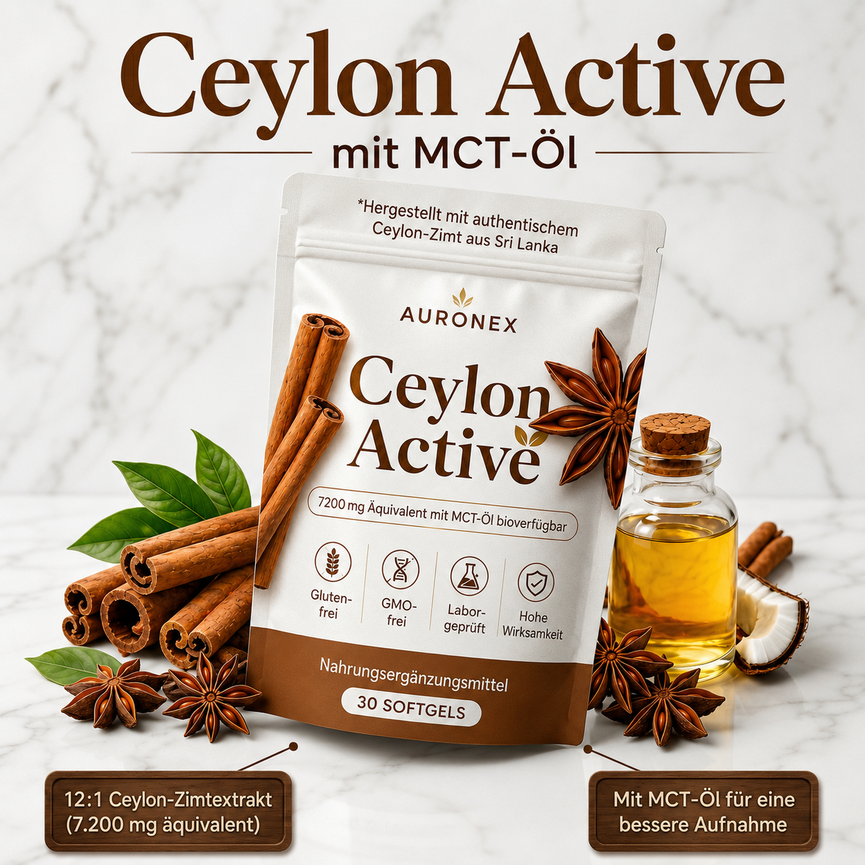 Auronex® Ceylon Active – 7200 mg Äquivalent mit MCT-Öl